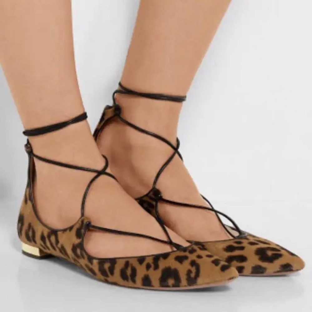 Aquazzura Leopard Print Lace-Up Flats - Brown/Black